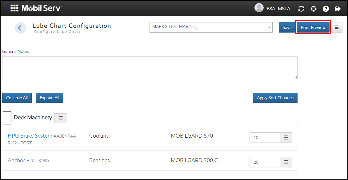 Print Preview in the Lube Chart Configuration page.